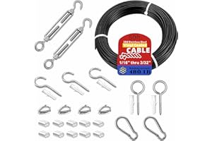 WIROPE DEPOT String Light Hanging Kit with Black Vinyl Coated 304 Stainless Steel Wire Rope,1/16 Inch Overmolded to 3/32 Inch,Turnbuckles and Hooks for Patio, Outdoor Post Light Accessories(50ft-23set)