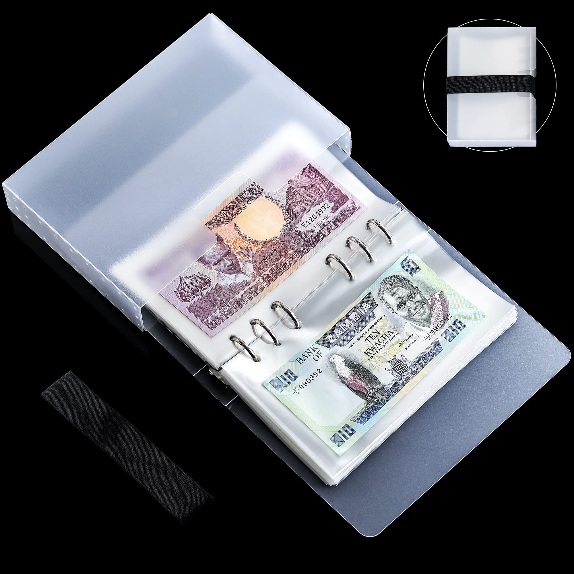 Uncle Paul 100 Pocket Currency Album - 7 × 4 inch Portable Banknotes Holder Dollar Paper Money Sleeves Storage Book for Bills Documents Tickets Trading Cards Stamps Collection Supplies AN0501BK