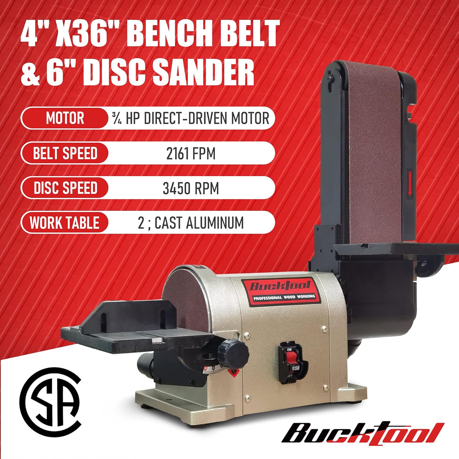 BUCKTOOL Belt Disc Sander 4 in x 36 in Belt and 6 in Disc Sander with 3/4HP Direct-drive Motor and Portable Al Base, BD4603 Upgraded Model - - 
