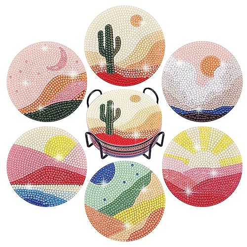 6pcs Diamond Coasters Art Painting Kit, Abstract Landscape Plant Art Diamond Round Coasters with Holder, Diy Craft Kits for Adults Kids Beginners