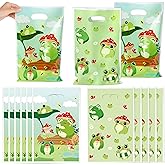 ANGOLIO Cartoon Frog Party Favor Bags - 50Pcs Spring Frog Goody Candy Treat Gifts Bags, Mushroom Lotus Leaves Themed Party Decorations for Kids Birthday Spring Animals Baby Shower Events Supplies