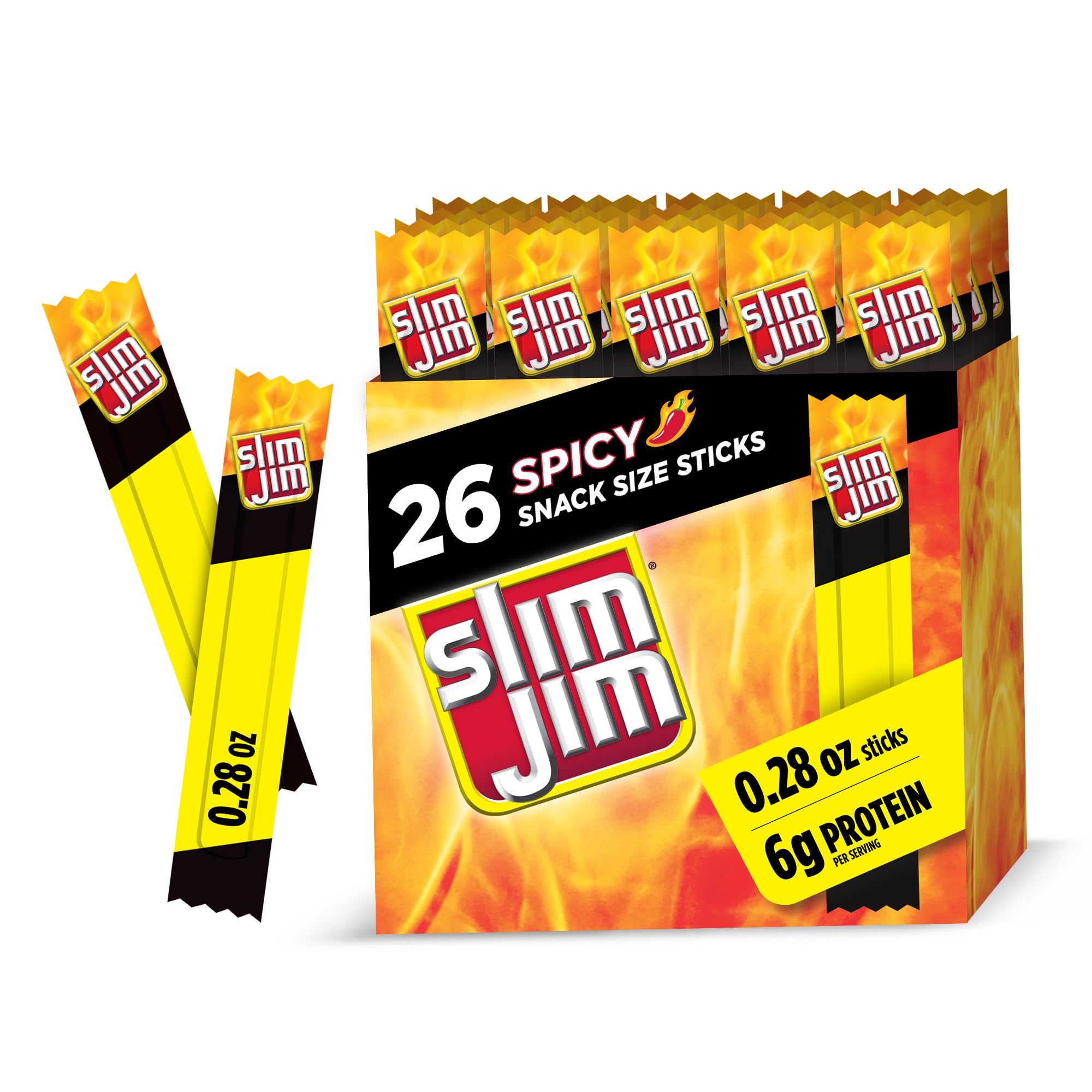 Photo 1 of **EXP: 05/04/2026** Slim Jim Smoked Meat Sticks, Spicy Flavor, 6g Protein Per Serving, Snack Size, Halloween Snack, 0.28 oz. (26 Count)