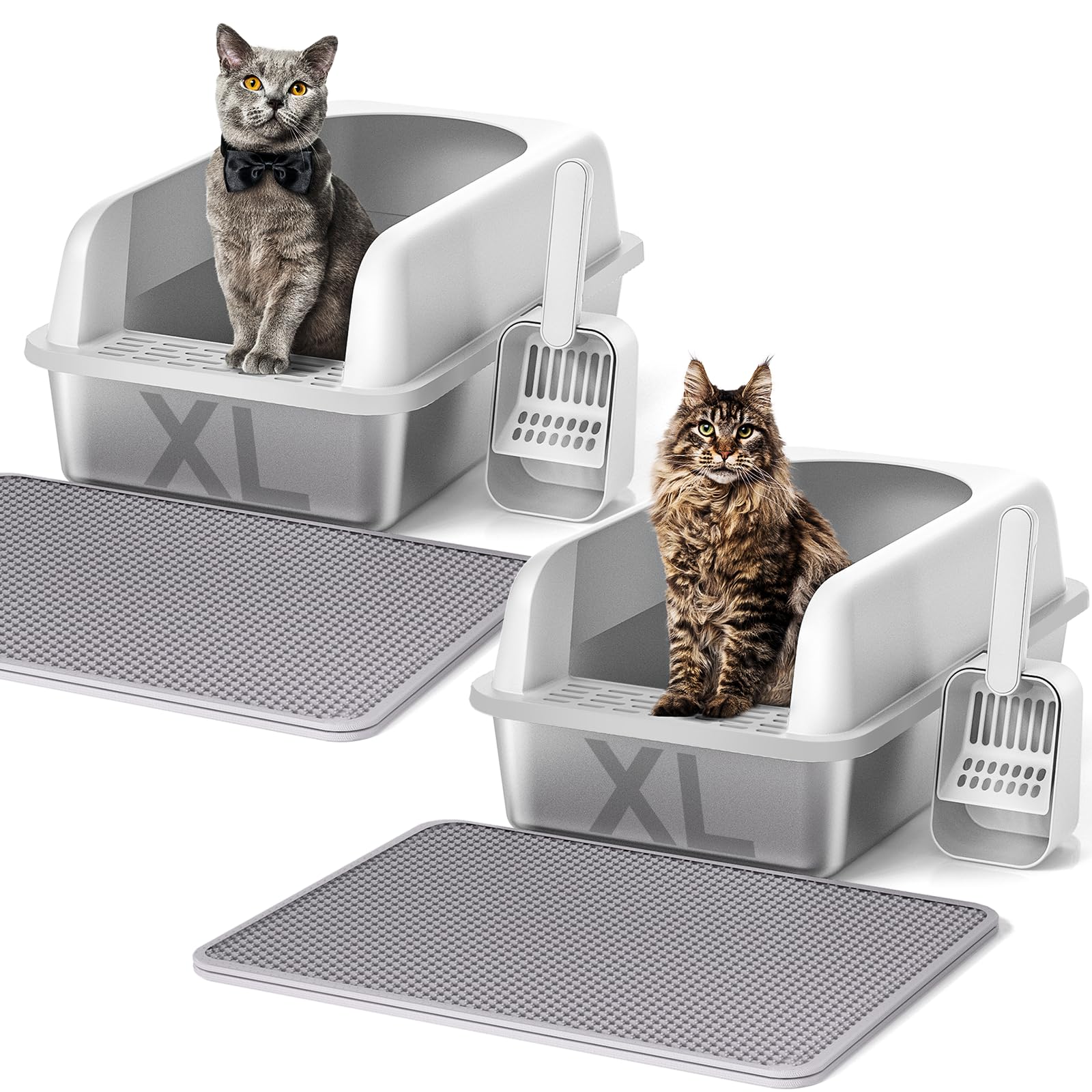 Henkelion 2 Pack Stainless Steel Cat Litter Box with Lid, 24" L x 16" W x 11.8" H, Extra Large Litter Box for Big Cats with High Sided, Anti-Urine Leakage, Easy Cleaning, Include Cat Mat and Scoop Image