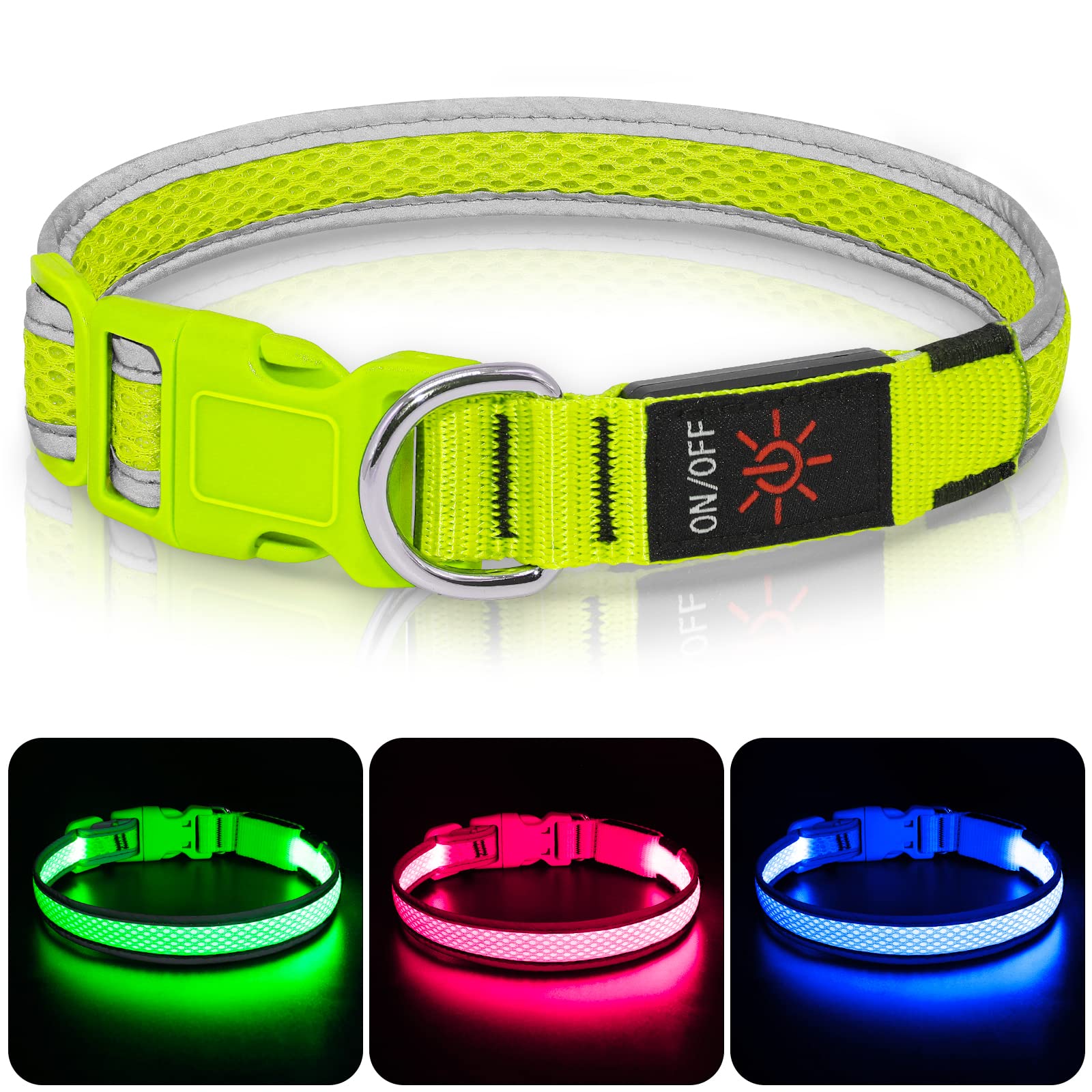 Colaseeme LED Dog Collar,Light Up Dog Collar Rechargeable Waterproof Micro USB Mesh Adjustable Plastic Buckle D Ring Glow Safety Basic Dog Collars for Dogs(Green, M)