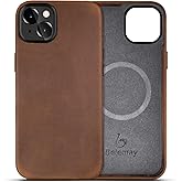 Belemay Compatible with iPhone 15 Leather Case Magsafe - Top Grain Vintage Crazy Horse Leather - Metal Buttons & Camera Bezel Bump - Slim Fit & Soft Feel - Premium Phone Cover (6.1-inch) Retro Brown