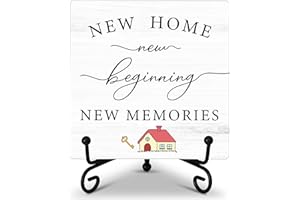 KFNER New Home Gift Desk Sign, New Home New Beginning New Memories Wooden Plaque Sign With Iron Stand, Housewarming Gifts for Women Men, Christian Wood Sign Desk Decor for Farmhouse Home Living Room Table