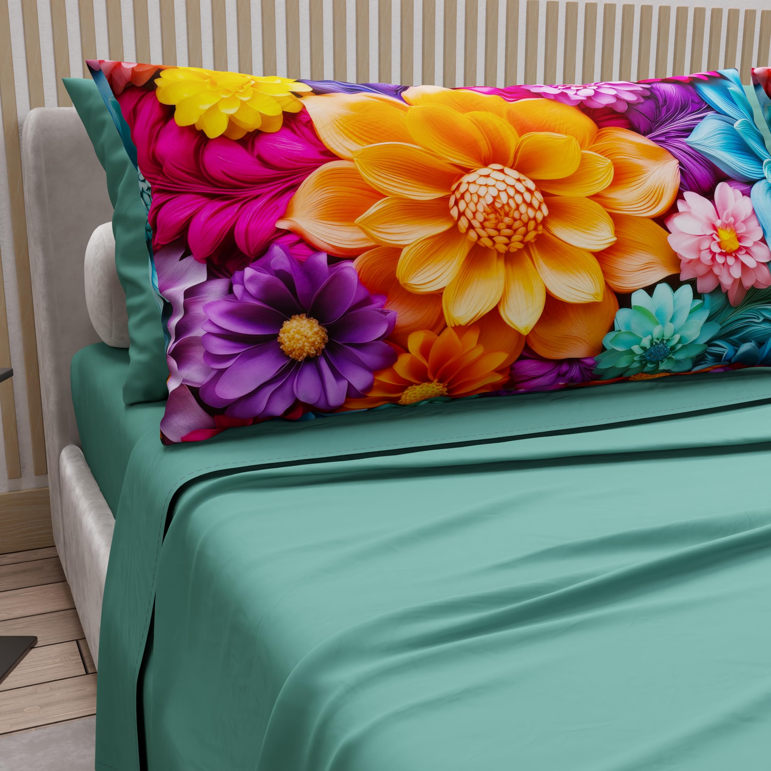 PETTI Artigiani Italiani - Cotton Sheets with Pillowcases in Digital Print, Single Bed Sheet, Single Bed Set, Floral 12 Teal, 100% Made in Italy