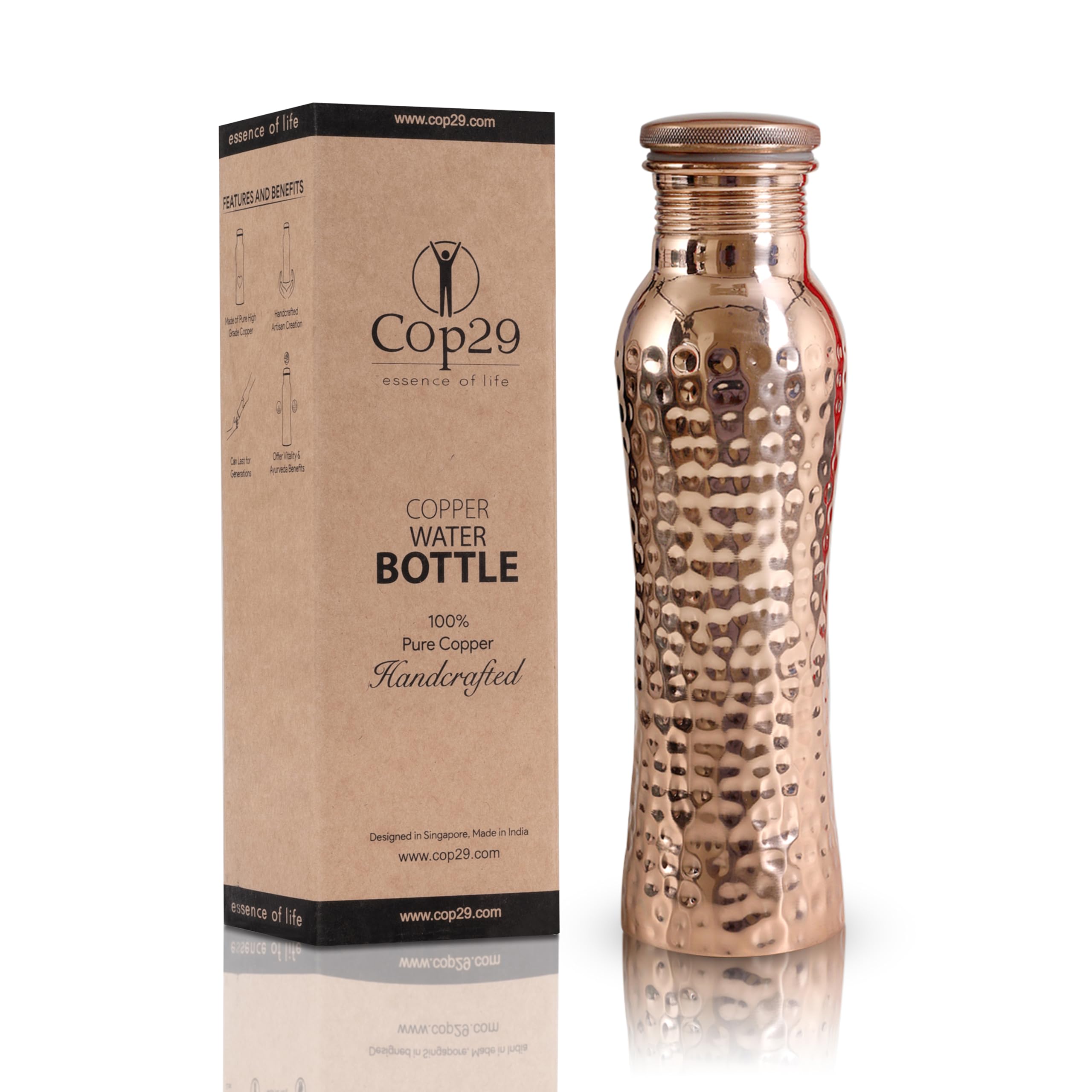 Cop29 Fairy Copper Glossy Hammered Water Bottle- 30oz / 900ml | A Handcrafted Leak Proof Ayurvedic Pure Copper Vessel | Ideal for Hydration, Sports, Yoga & Daily Use | Enjoy the Health Benefits
