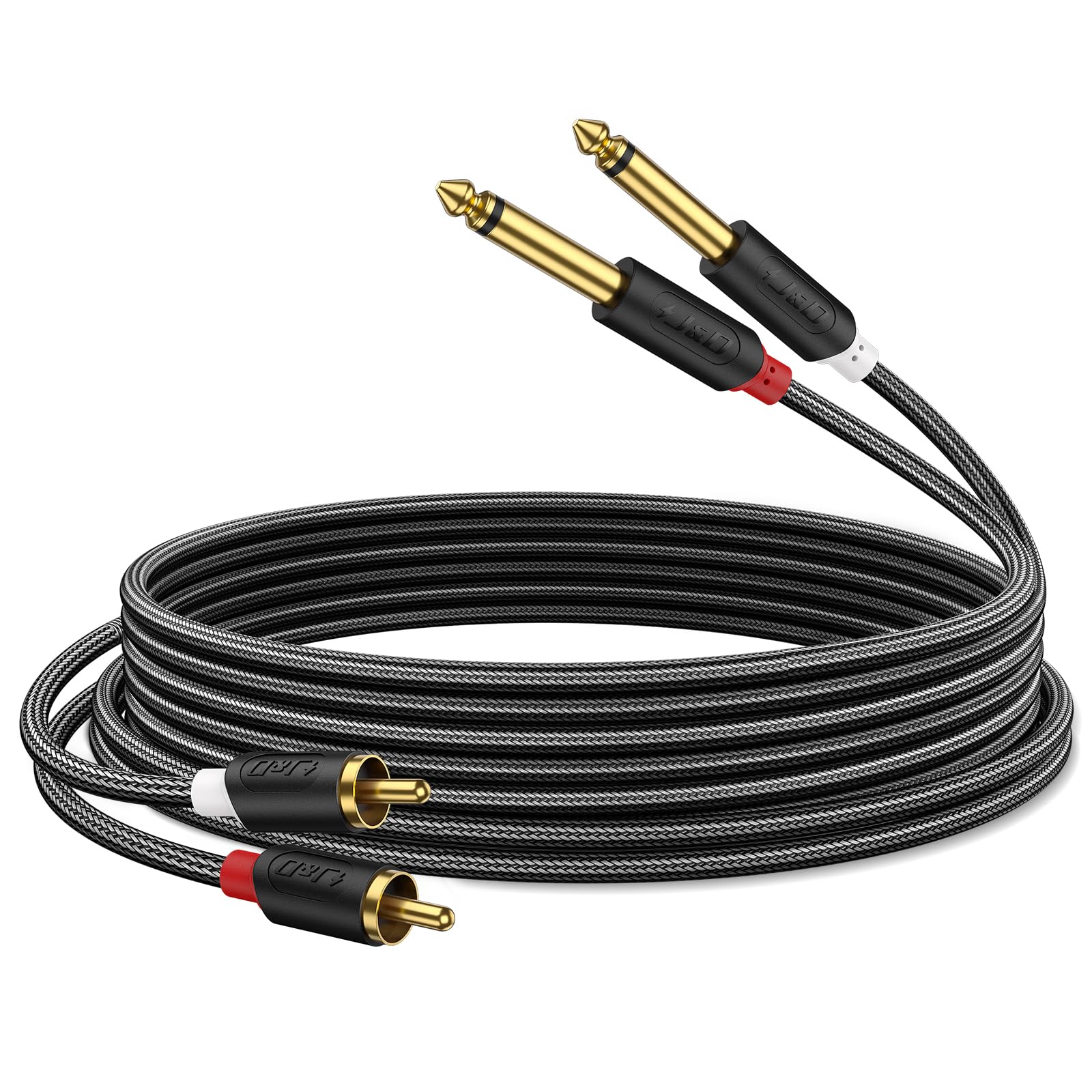 J&D Gold Plated Dual 1/4" TS to RCA Cable - Stereo Audio Interconnect with Nylon Braid for Mixer, Amplifier, 0.9 Meter