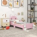 ZONEKIZ Toddler Bed Frame Cat Design Pink Bed with Guardrails for 3-6 Years view 3