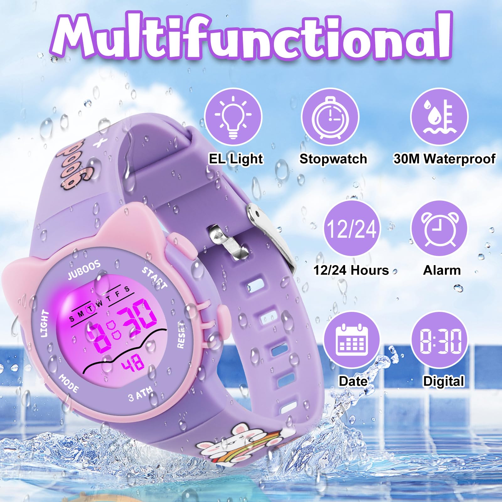 Juboos Kid's Digital Watch for Boys and Girls, Waterproof LCD Digital Sports Kids Watch with 7 Color LED Lights, Stopwatch, Alarm