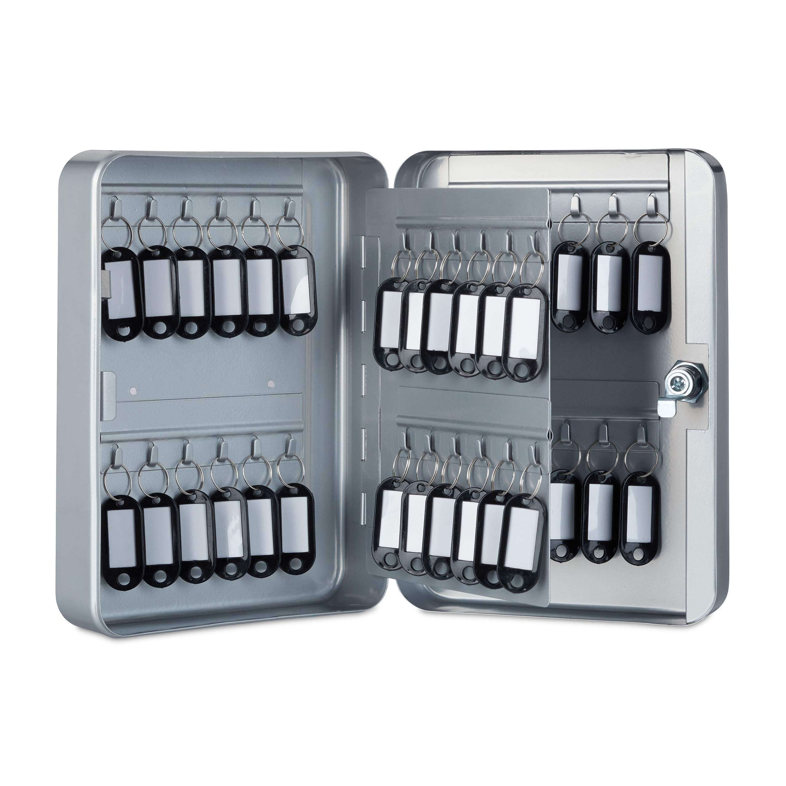 Relaxdays Metal Key Cabinet, Lockable, 48 Hooks with Key Tags, HWD 25x18x7.5 cm, Grey