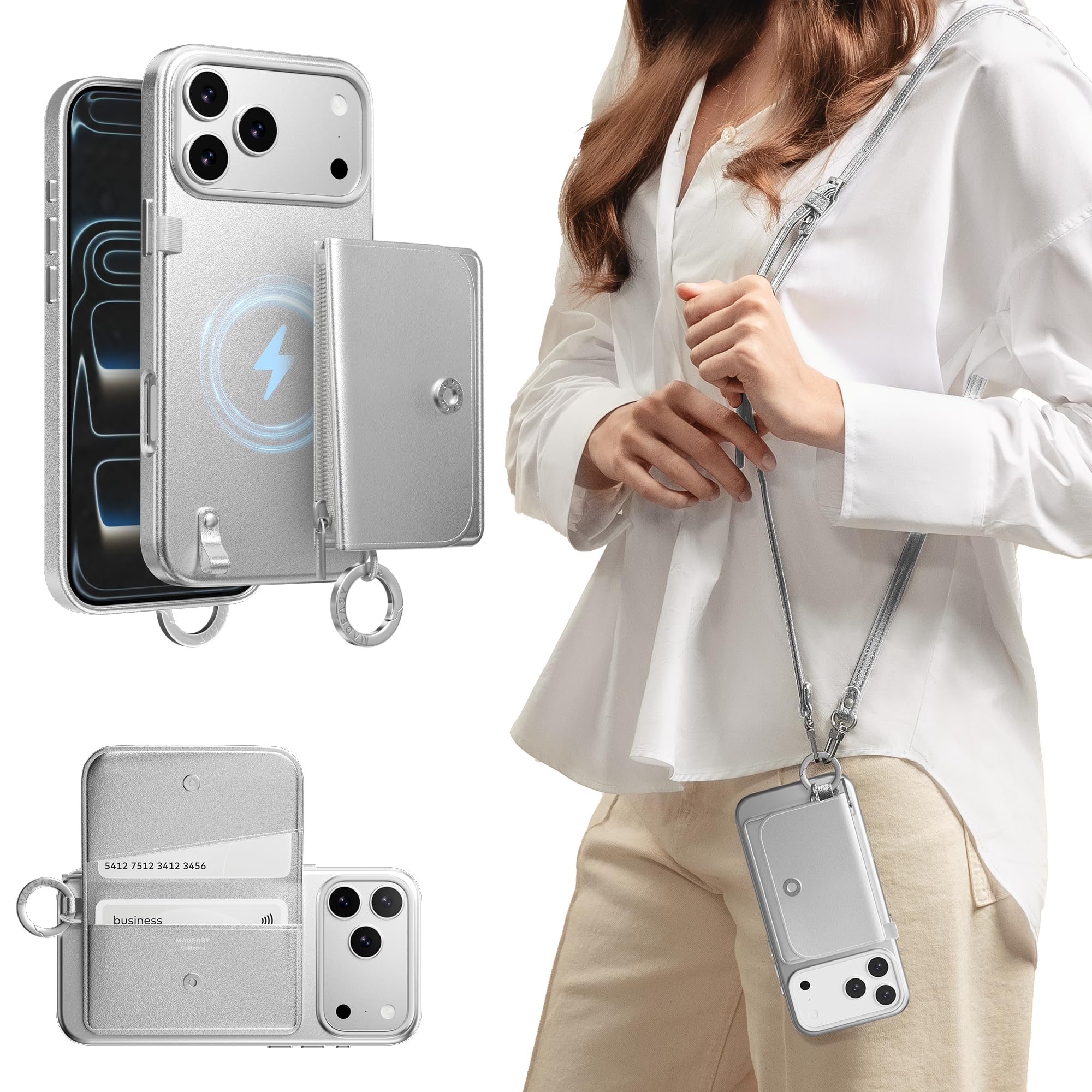 Photo 1 of SEE PICTURES,,,,,,,,, MAGEASY Compatible with iPhone 17 Pro Max 6.9" Wallet Case with Crossbody Strap - Compatible with MagSafe Detachable Coin Purse & Card Slot, Crossbody Lanyard, 16ft Drop Protection | Pouch M (Silver)