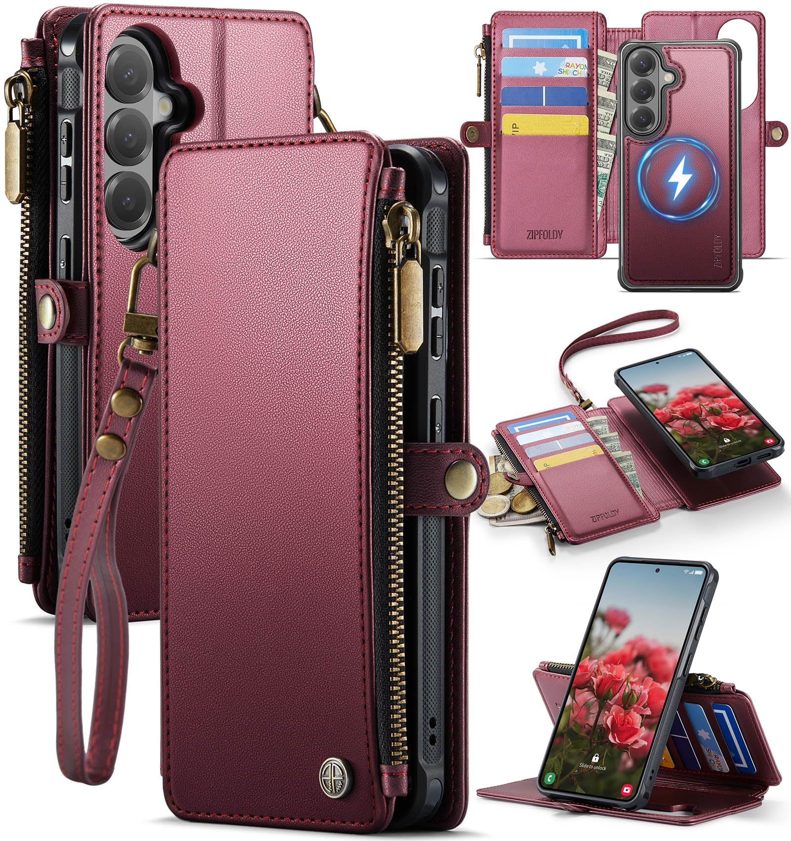 ZipFoldy for Samsung Galaxy S26 Plus (S26+) Wallet Case Magnetic [Compatible with Magsafe] [RFID Blocking Card Holder] Zipper Detachable Drop-proof Protective Phone Cases for Galaxy S26 Plus, Burgundy