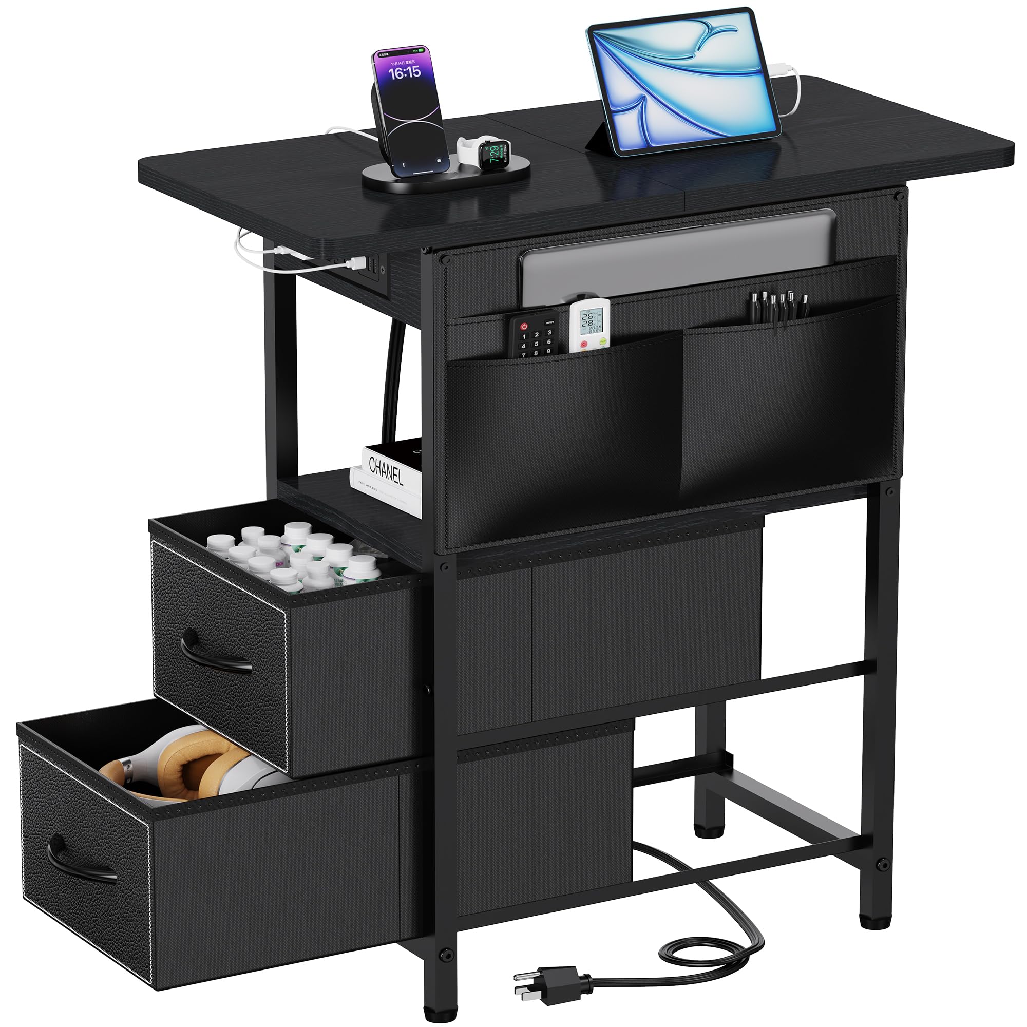 Photo 1 of Yenlure Small Side Table with Charging Station, Narrow Nightstand Bedside Tables with Storage Pocket for Living Room Bedroom, Sofa End Table with USB Ports and Power Outlets for Small Spaces