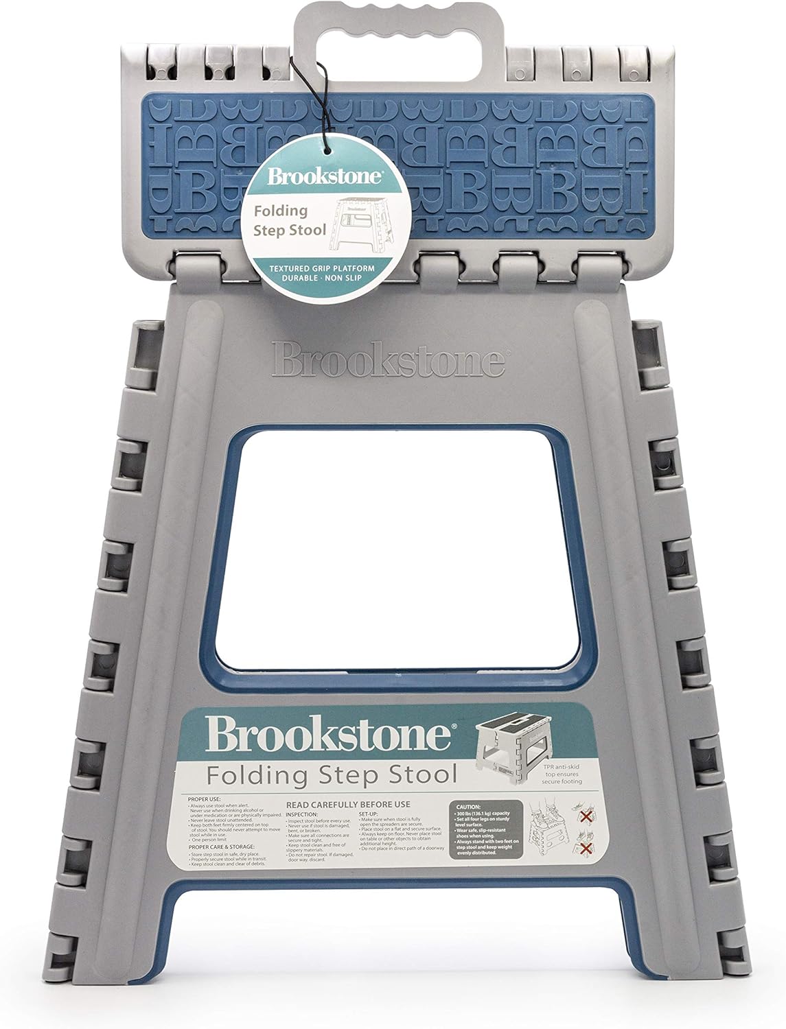 Brookstone - 16” Folding Step Stool for Adults, Non-Slip Textured Grip Surface, Foldable Space Saving Design, Carrying Handle, Holds Up to 300 Pounds, for Kitchen and Rest of Home, Gray (BKH1114): Home & Kitchen