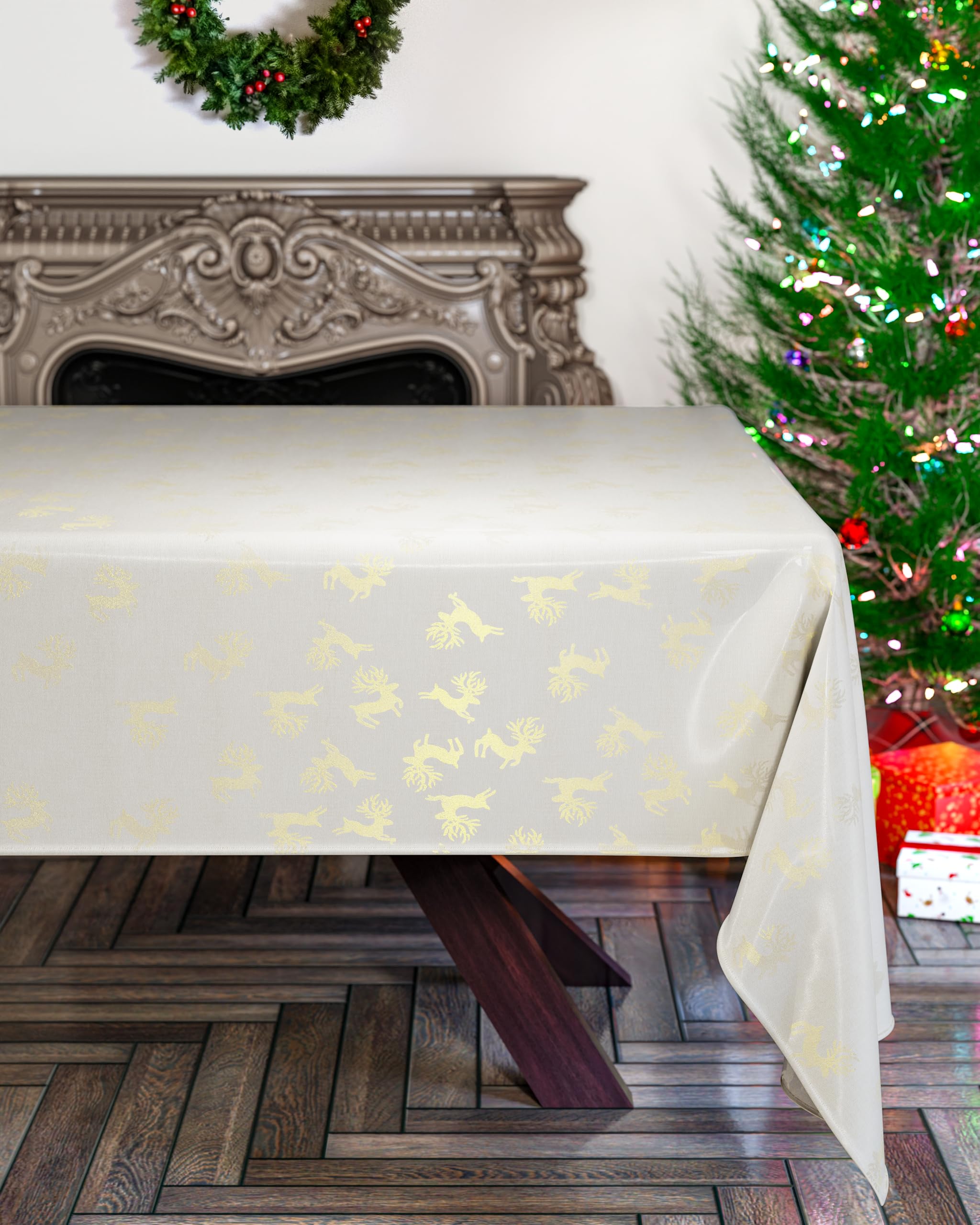 Emma Barclay Reindeer - Metallic Woven Jacquard Chrismas Table Cloth in Cream Gold - 50x70 (127x178cm)
