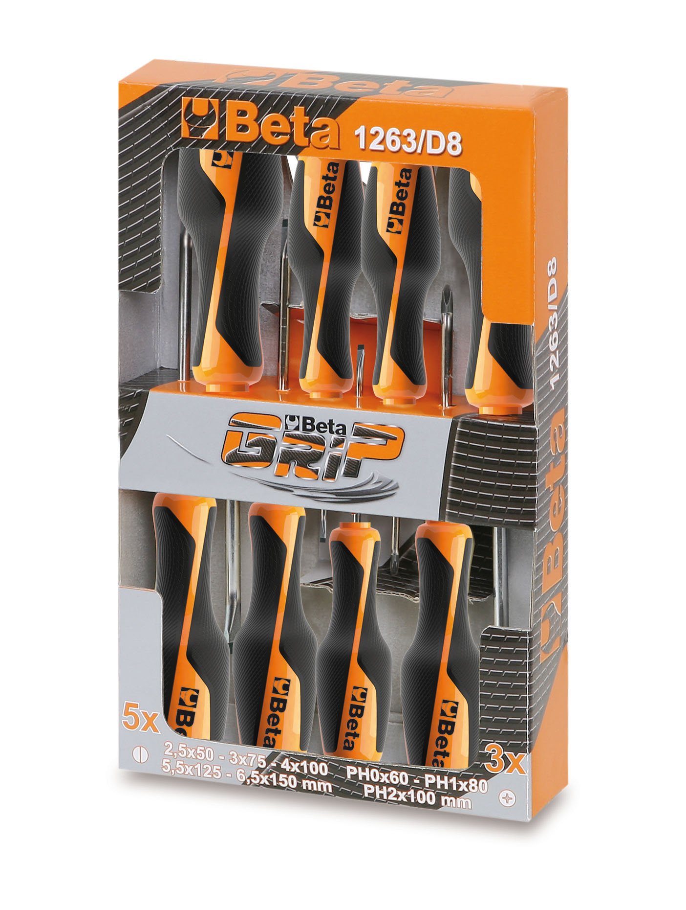 Beta 12630008 Model 1263 /D8 Screwdrivers for Cross Head Phillips and Slotted Head Screws, 8 Pieces