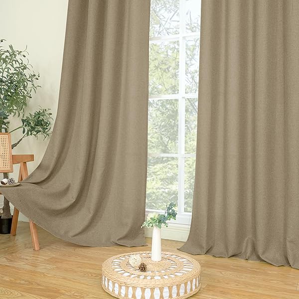 LAMIT LINEN TEXTURED CURTAINS FOR LIVING ROOM, 95 INCHES LONG GROMMET THERMAL INSULATED THICK BURLAP CURTAINS LIGHT FILTERING PANELS FOR BEDROOM/FARMHOUSE, SET OF 2 PANELS, W52 X L95, TAN BROWN
