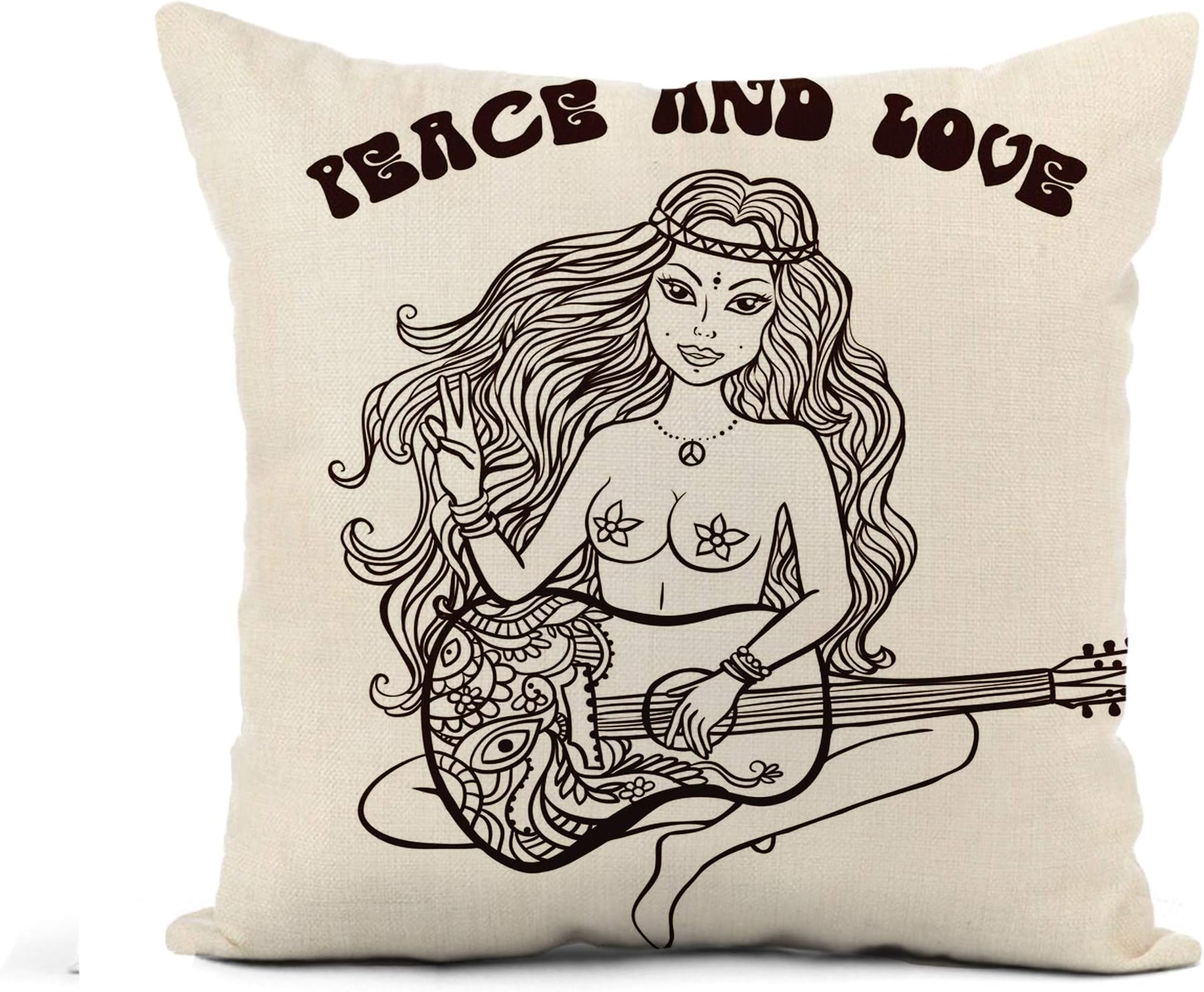 Awowee Flax Throw Pillow Cover Hippie Girl Ornamental Love and Music Fonts Doodle Hippy 16x16 Inches Pillowcase Home Decor Square Cotton Linen Pillow Case Cushion Cover