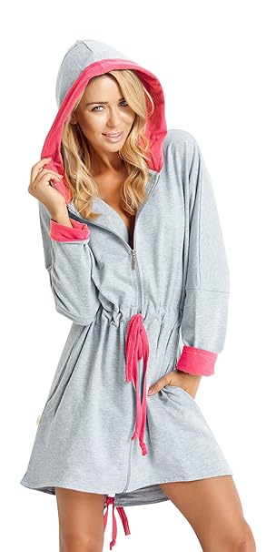 Damen Kurz Gewand Mit Kapuze Weiche Und Leichte Reissverschluss Bademantel