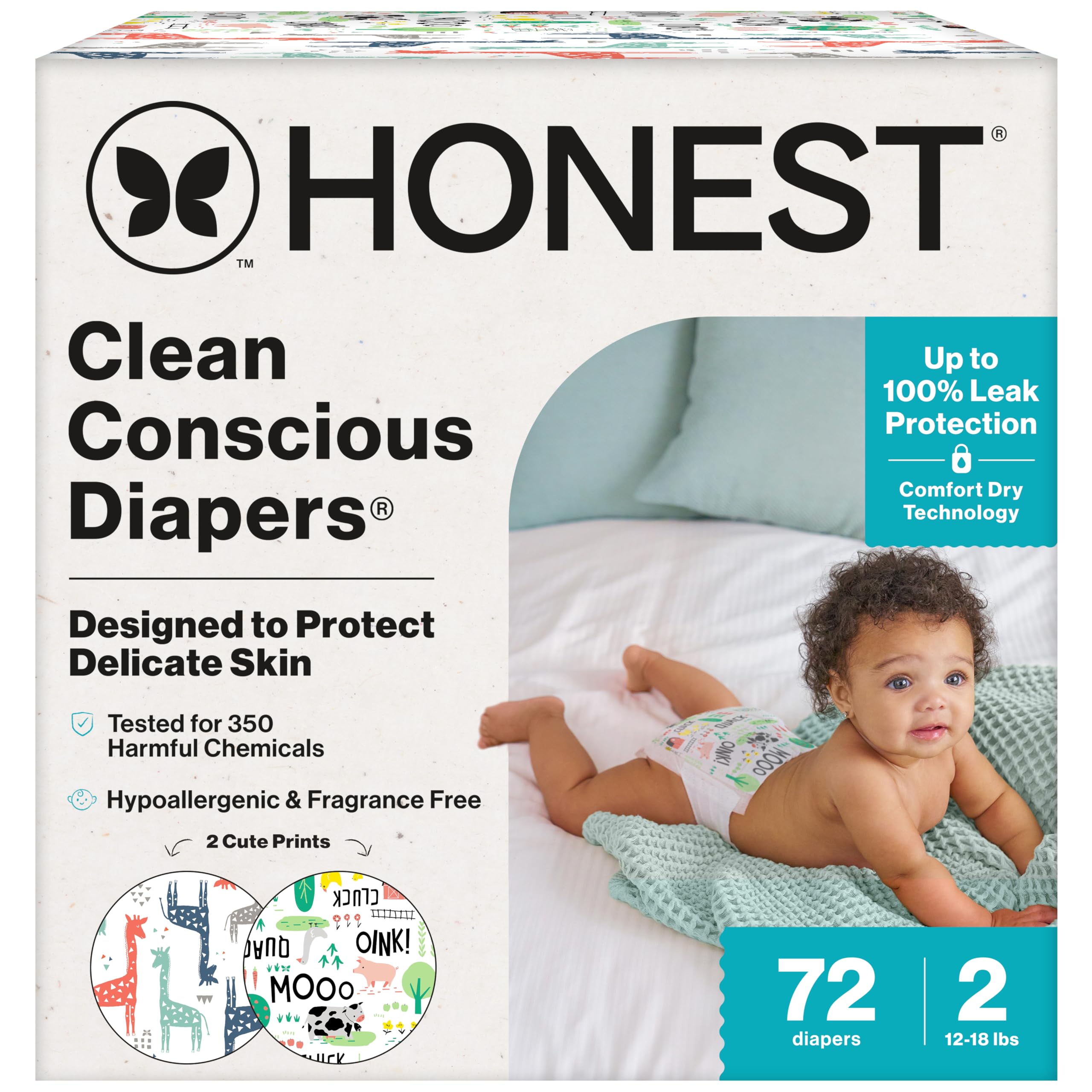 Photo 1 of The Honest Company Clean Conscious Diapers for Delicate Skin | Up to 100% Leakproof | Hypoallergenic, Fragrance Free | Gender Neutral | Club Box, Size 2 (12-18 lbs), 72 Count (Prints May Vary)