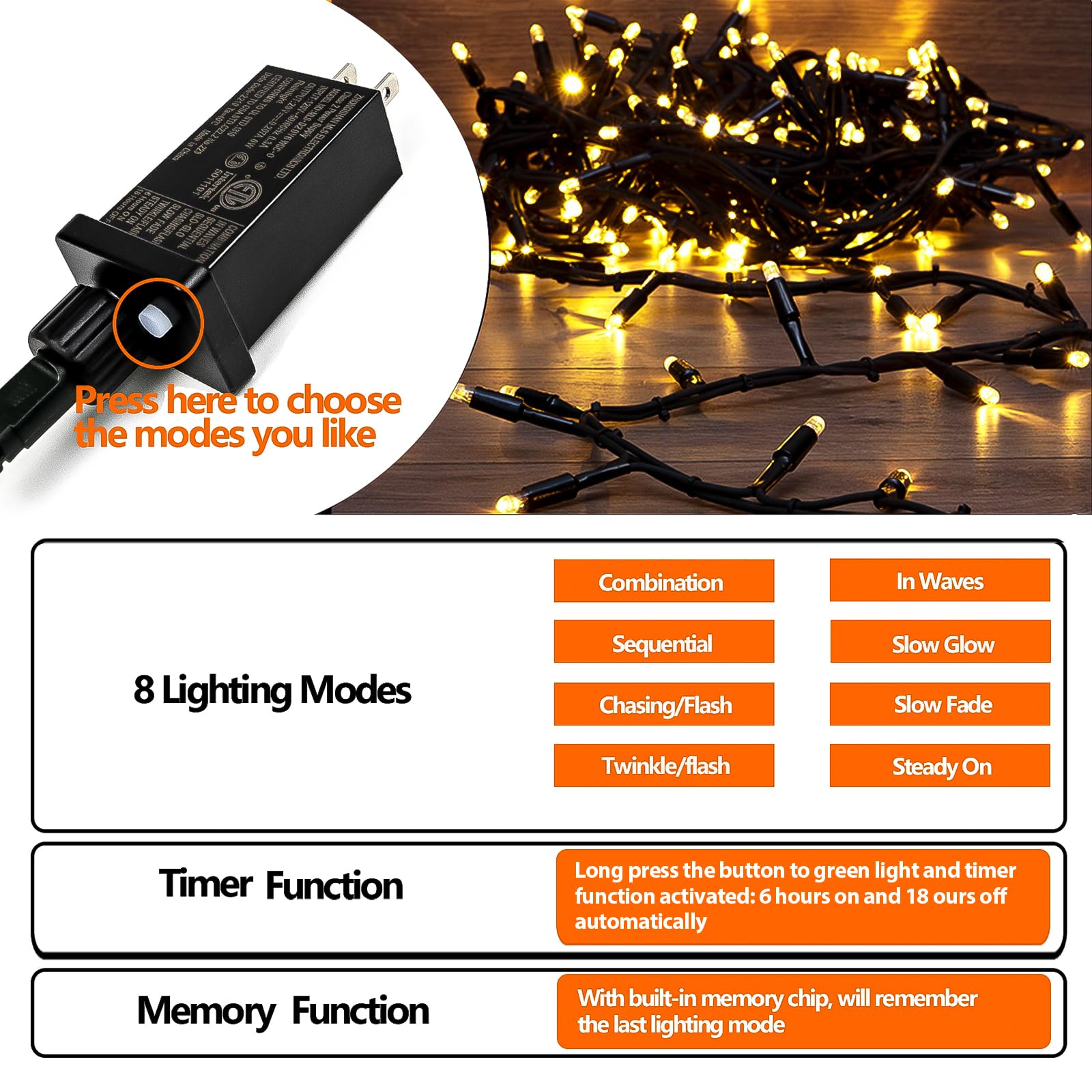 Upgraded 75.8 FT 200 LED Christmas String Lights Outdoor/Indoor, Timer & Memory Function & 8 Modes, Extendable Green Wire Waterproof Fairy String Lights for Xmas Tree Holiday Party Garden (Warm White)