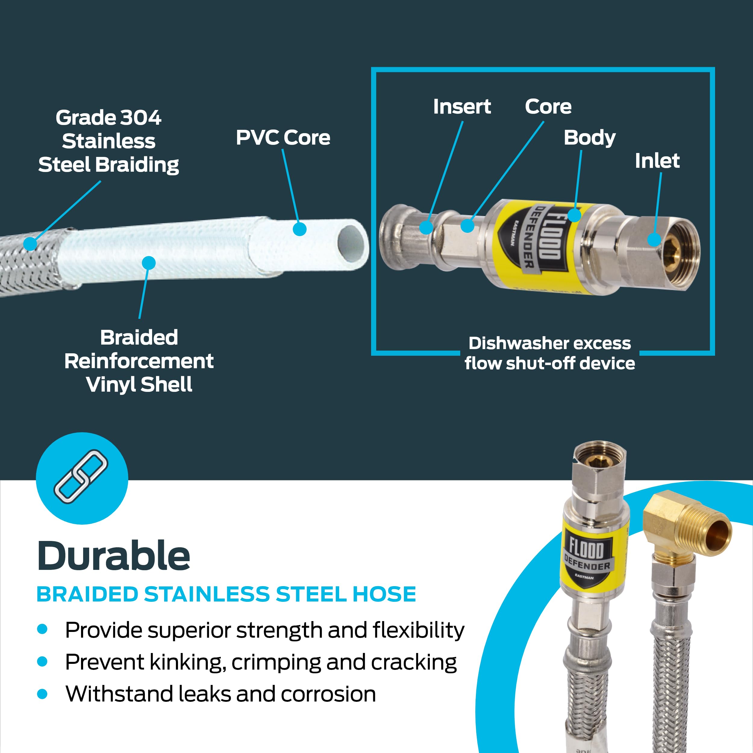 Eastman Flood Defender Dishwasher Installation Kit, 6 Foot Supply Line with Adapters, Auto Shutoff Valve, 3/8 Inch MIP x 3/4 Inch FHT Elbows, 98556