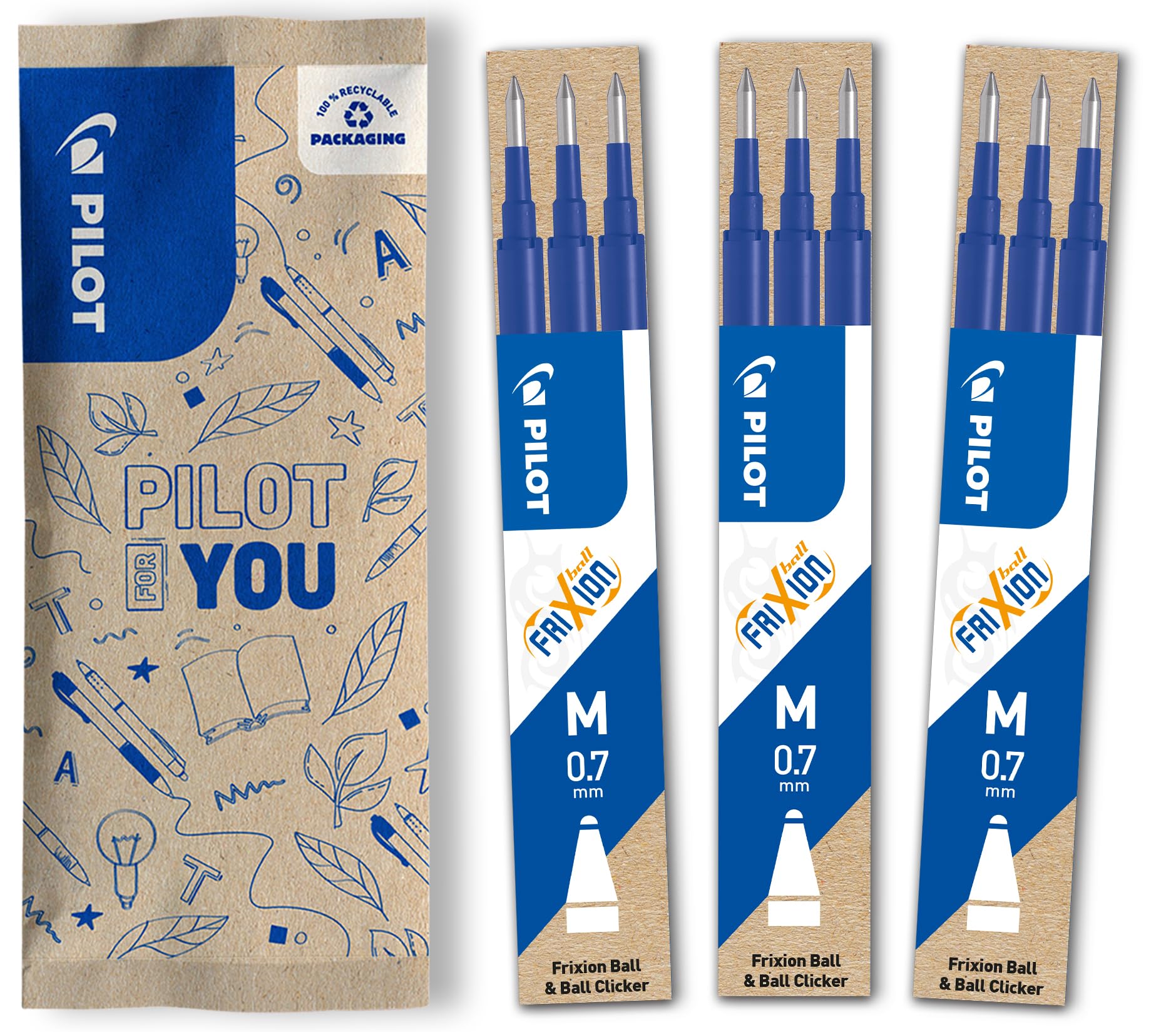 PILOT - Pack of 3 sets of 3 Refills 0,7 - Erasable ink for Frixion - Medium - Blue