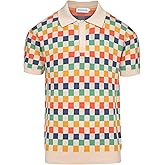 OXKNIT Mens Knitted Retro Polo Shirts Color Plaid Casual Short Sleeve Summer Shirt