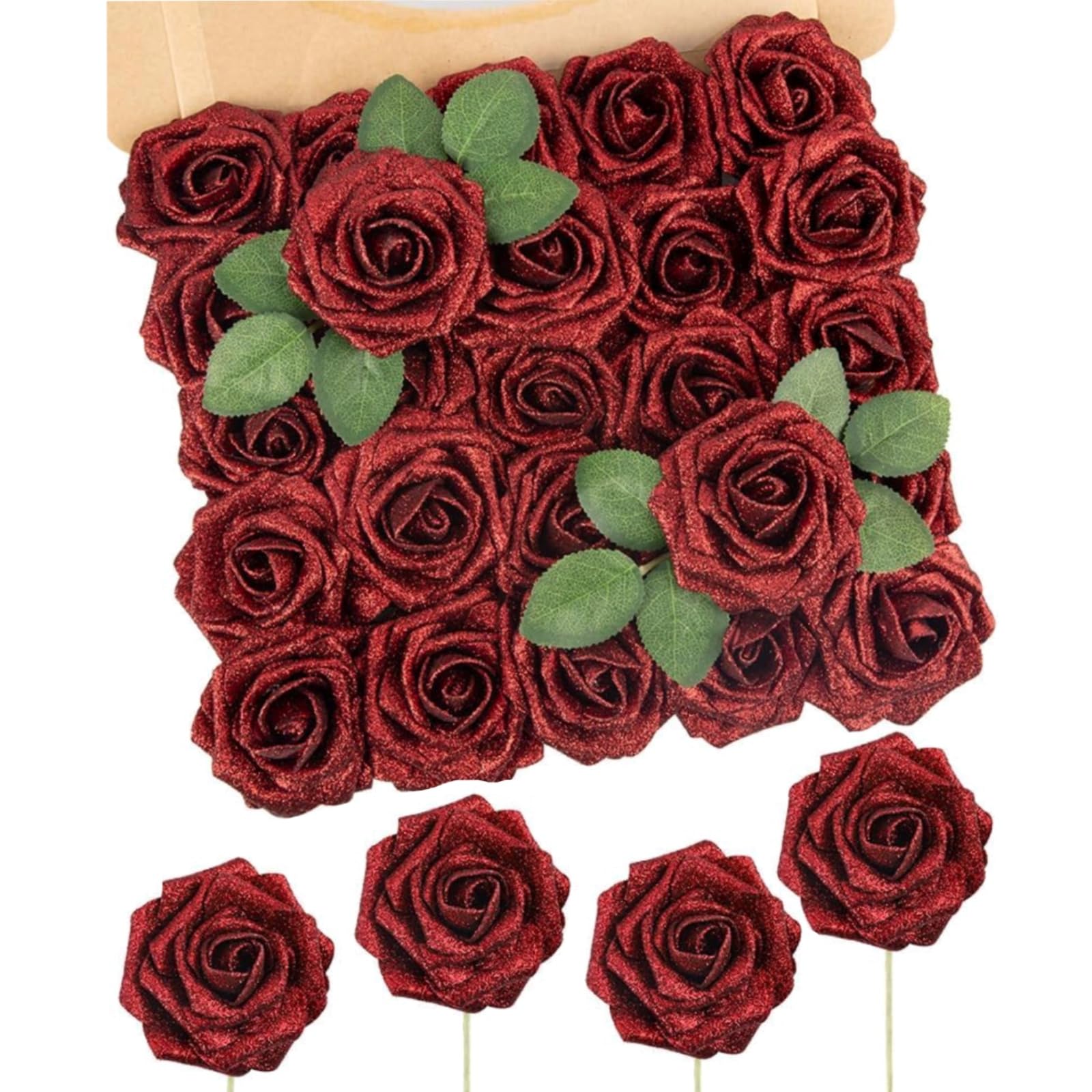 Photo 1 of N&T NIETING Artificial Flowers Glowing Red Flowers Foam 25pcs Glitter Roses Real Looking Fake Roses with Stem for DIY Wedding Bouquets Centerpieces Bridal Shower Party Home Decorations