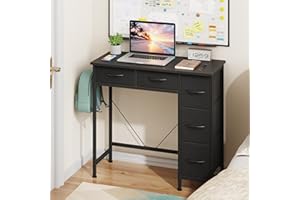 HIGDBFE Small Desk with 5 Fabric Drawers, 33 Inch Writing Desk for Home Office, Simple PC Desks for Small Place, Kids Girls T