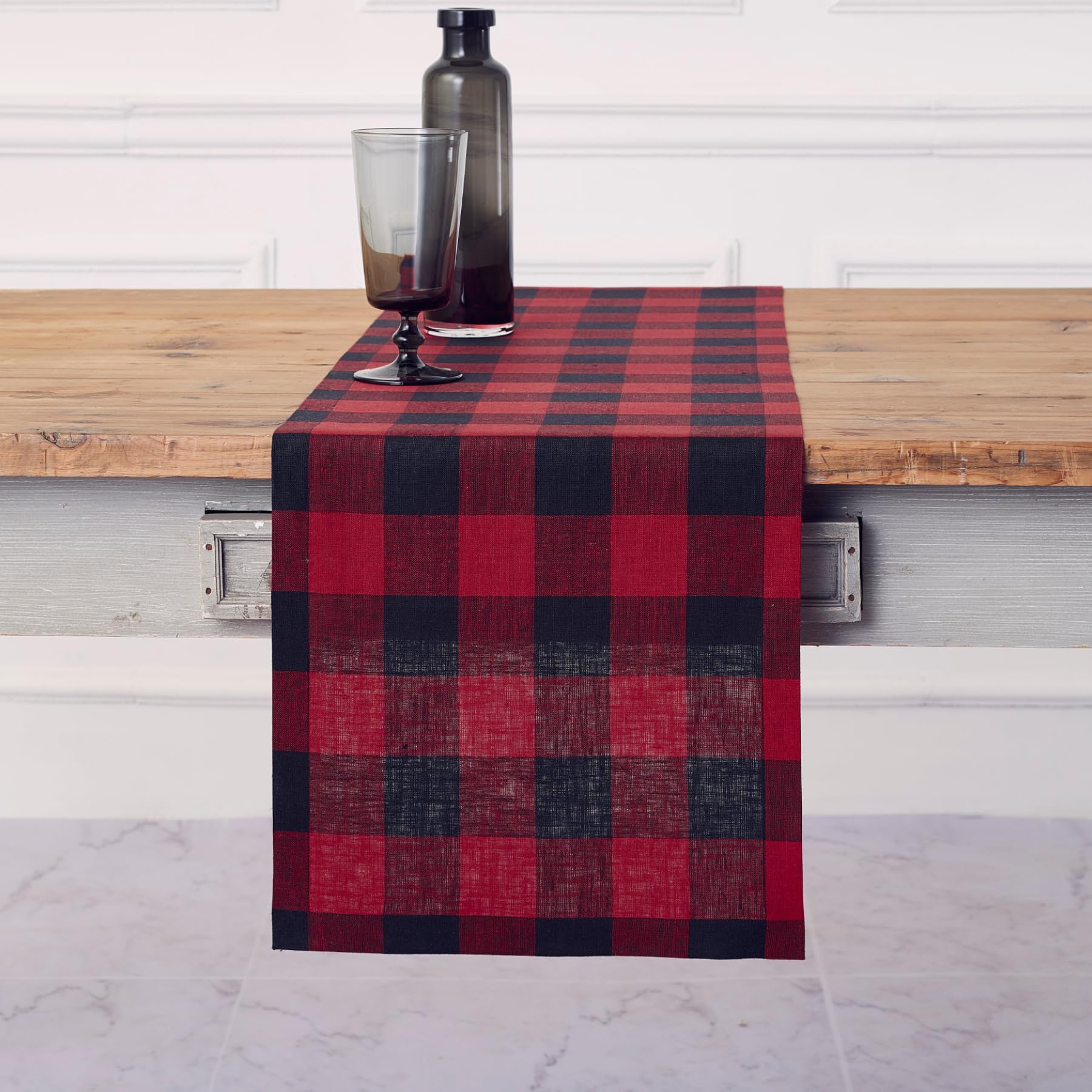 Solino Home Linen Buffalo Plaid Table Runner 120 Inches Long - 100% Pure Linen Red and Black Checkered Table Runner 14 x 120 Inch Ideal for Dining