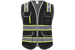 Rhino Hit High Visibility Safety Vest - Reflective Breathable Mesh with 9 Pockets, Front Zipper for Men & Women - Meets ANSI/ISEA Standards