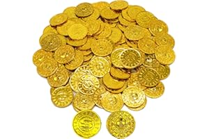 Flyekist Gold Coins Plastic - 100 Count Kids Play Money Pirate Tokens - Fake Gold Coins for St. Patricks Day Party Favors,Pirate Party,Treasure Hunt Game