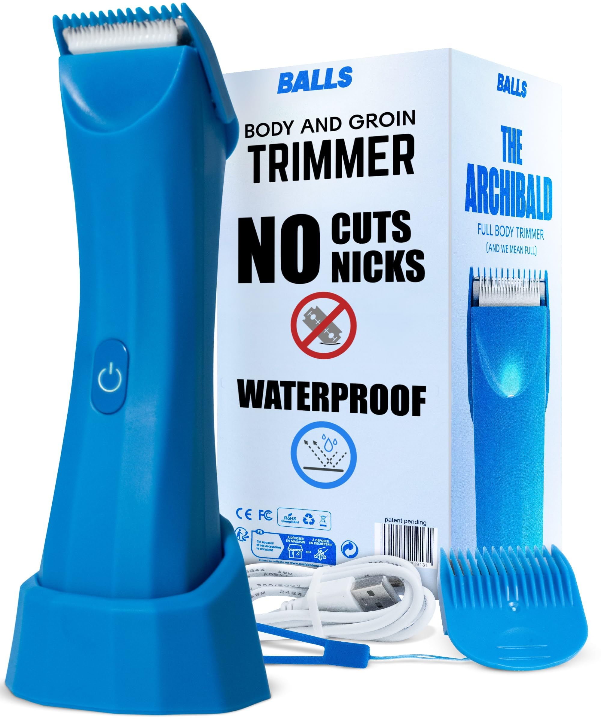 BALLS Trimmer V3 The Archibald - Body & Pubic Hair Shaver for Men - No Cuts, Sacksafe Guard, Rechargeable, 100% Waterproof, Cordless - Wet/Dry with Replaceable Ceramic Blades Archibald Trimmer