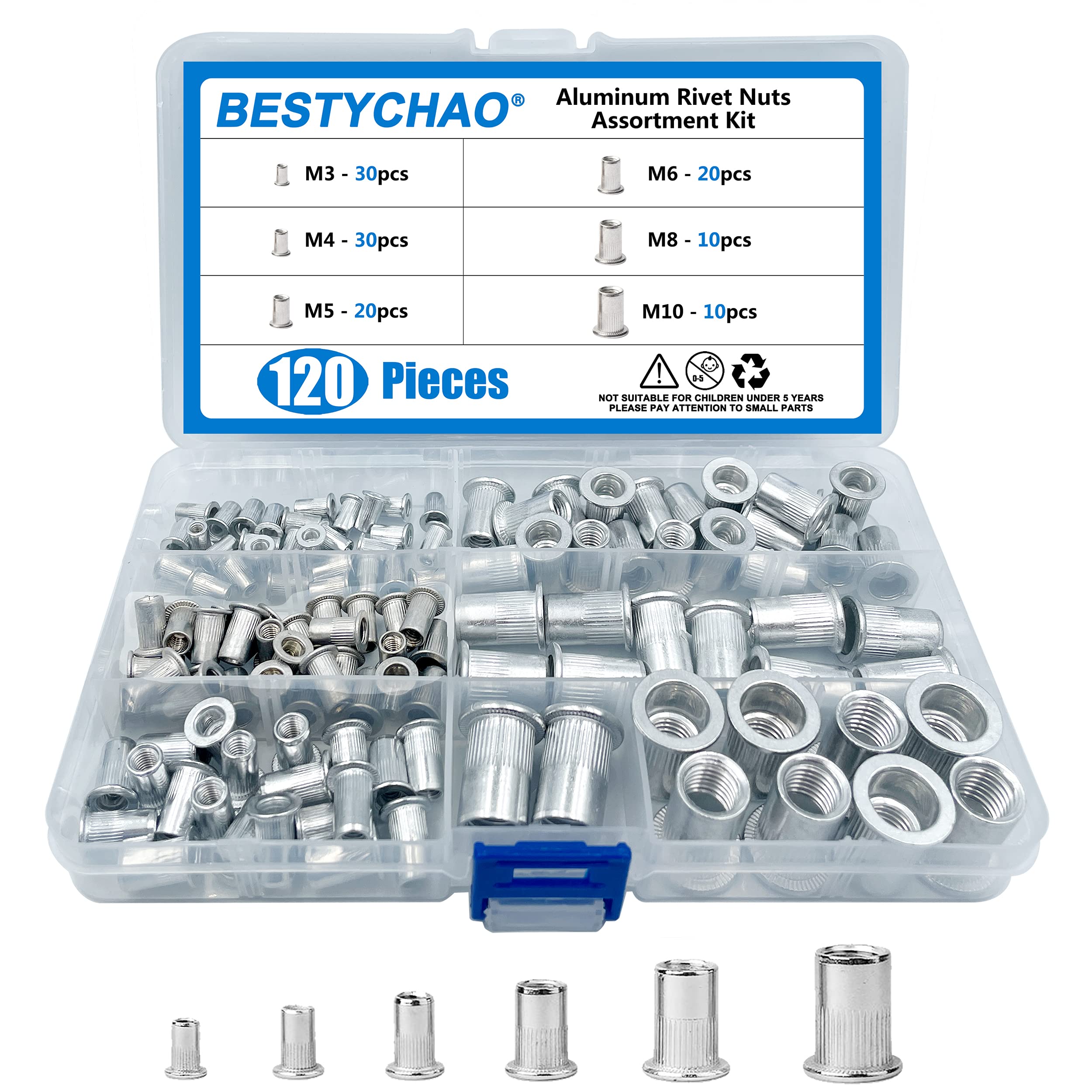 BESTYCHAO 120pcs Aluminum Rivet Nut Flat Head Threaded Insert Rivet Nut, Nutsert Rivnut Assortment Kit M3 M4 M5 M6 M8 M10