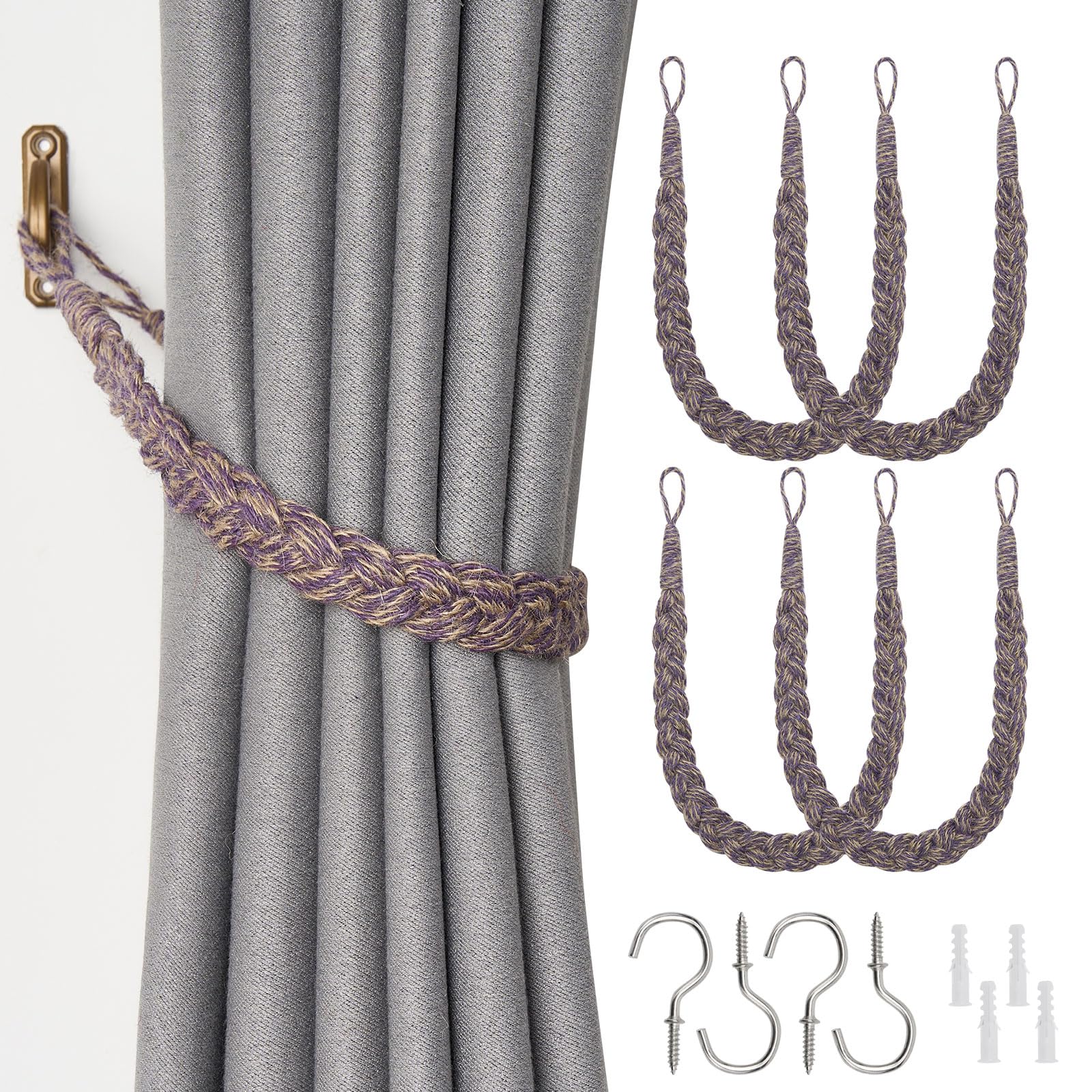 Pretty Jolly 4 Pack Natural Jute Rope Curtain Tiebacks Boho Rustic Style Decorative Drape Tie Backs Elegant Hand-Woven Rope Curtain Holdbacks with Metal Hook for Home & Office Drapery (Jute-Purple)
