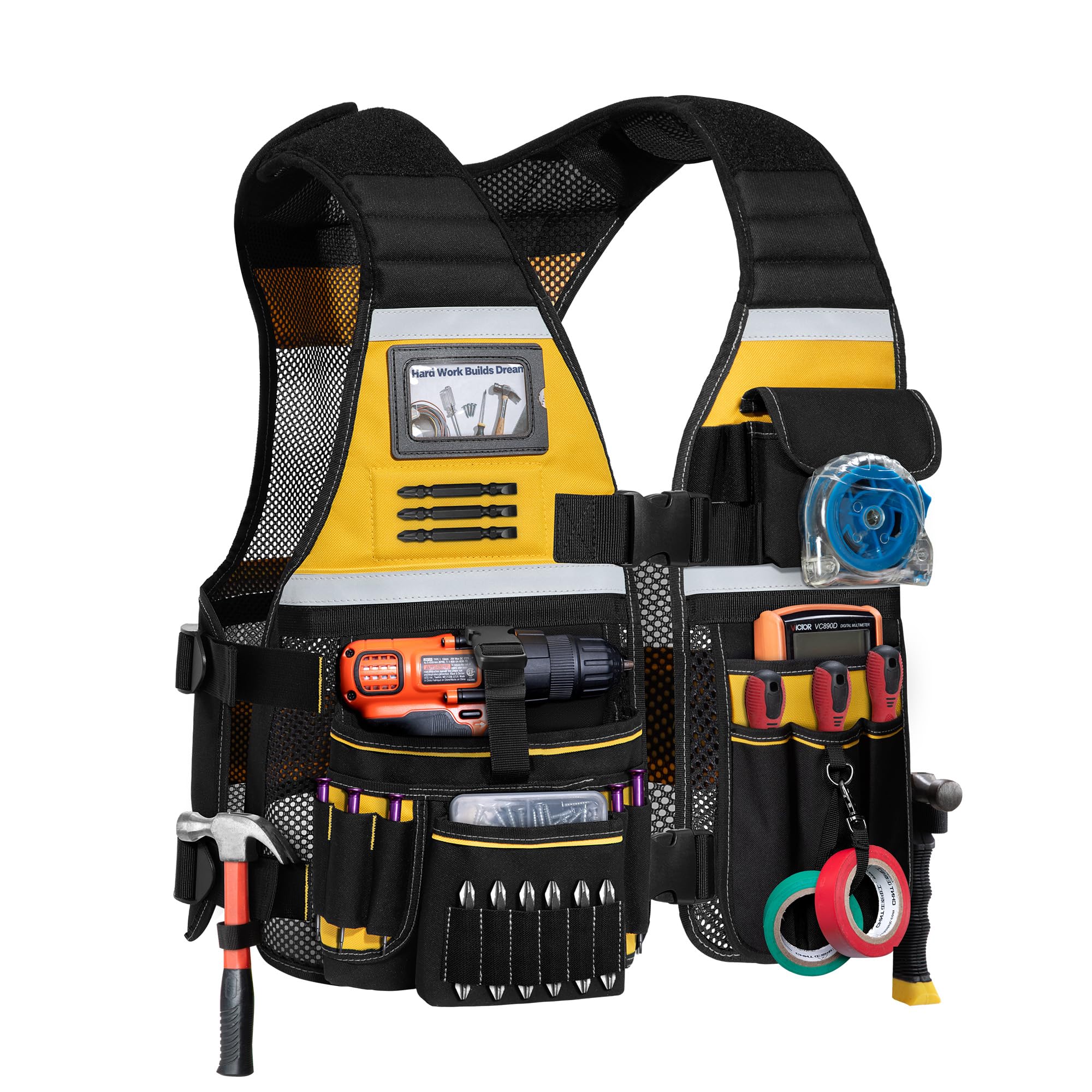 Photo 1 of Trahzia Tool Vest for Men with Adjustable Strap, Reflective Safety Work Vest for Electrician, Carpenter, Construction, Black and Yellow