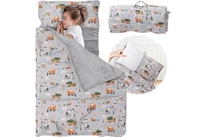 E1F1NN DOT Toddler Nap Mat with Detachable Pillow & Blanket - Soft Plush Minky Fleece Kids Sleeping Bag for Daycare, Preschool & Travel - Portable Roll-Up Design with Carry Handle - Boys Girls Ages 3+