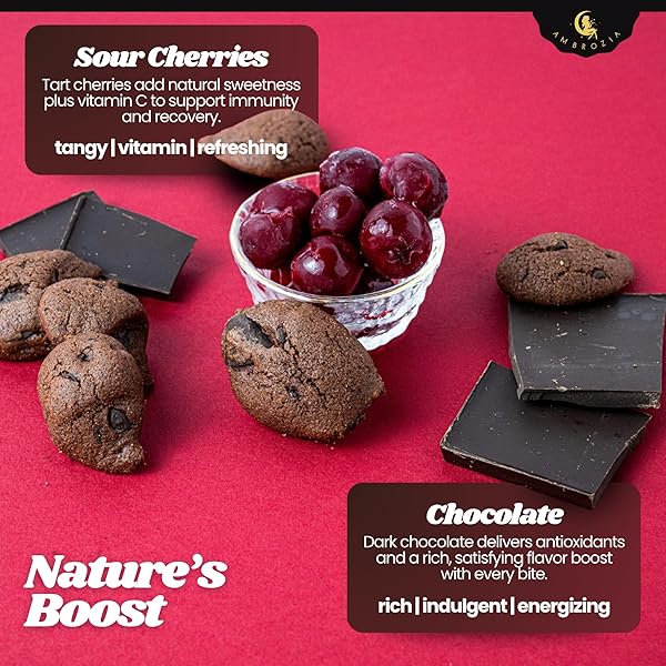 AMBROZIA VEGAN SNACK BISCUITS – CHOCOLATE & SOUR CHERRY – SOFT BAKED, NO ADDED SUGAR, CLEAN LABEL, HIGH FIBER & WHOLESOME INGREDIENTS, KID-FRIENDLY, HEALTHY SNACKS FOR ACTIVE LIFESTYLES, 4 X 4.58 OZ