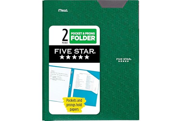 Five Star 2 Pocket Folder, Plastic Folder with Stay-Put Tabs and Prong Fasteners, Fits 3-Ring Binder, Holds 8-1/2