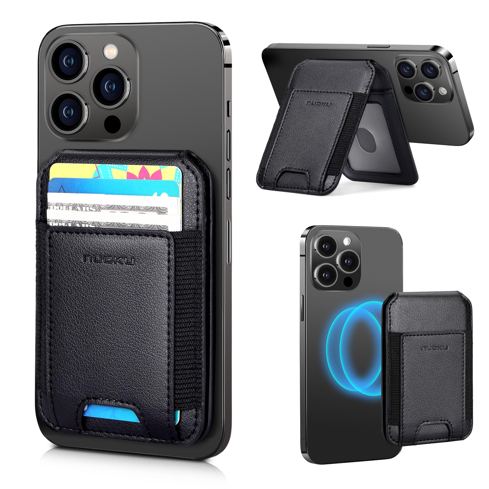 nuoku Leather Wallet for Magsafe, Compatible with Magsafe Card Holder for iPhone 15/14/13/12 Series, Not Compatible with 13 Mini/12 Mini, Maximum Fit 8 Cards