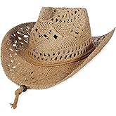 GEMVIE Straw Cowboy Cowgirl Hat for Men Women Summer Hollow Out Straw Cowboy Hats with Chin Strap
