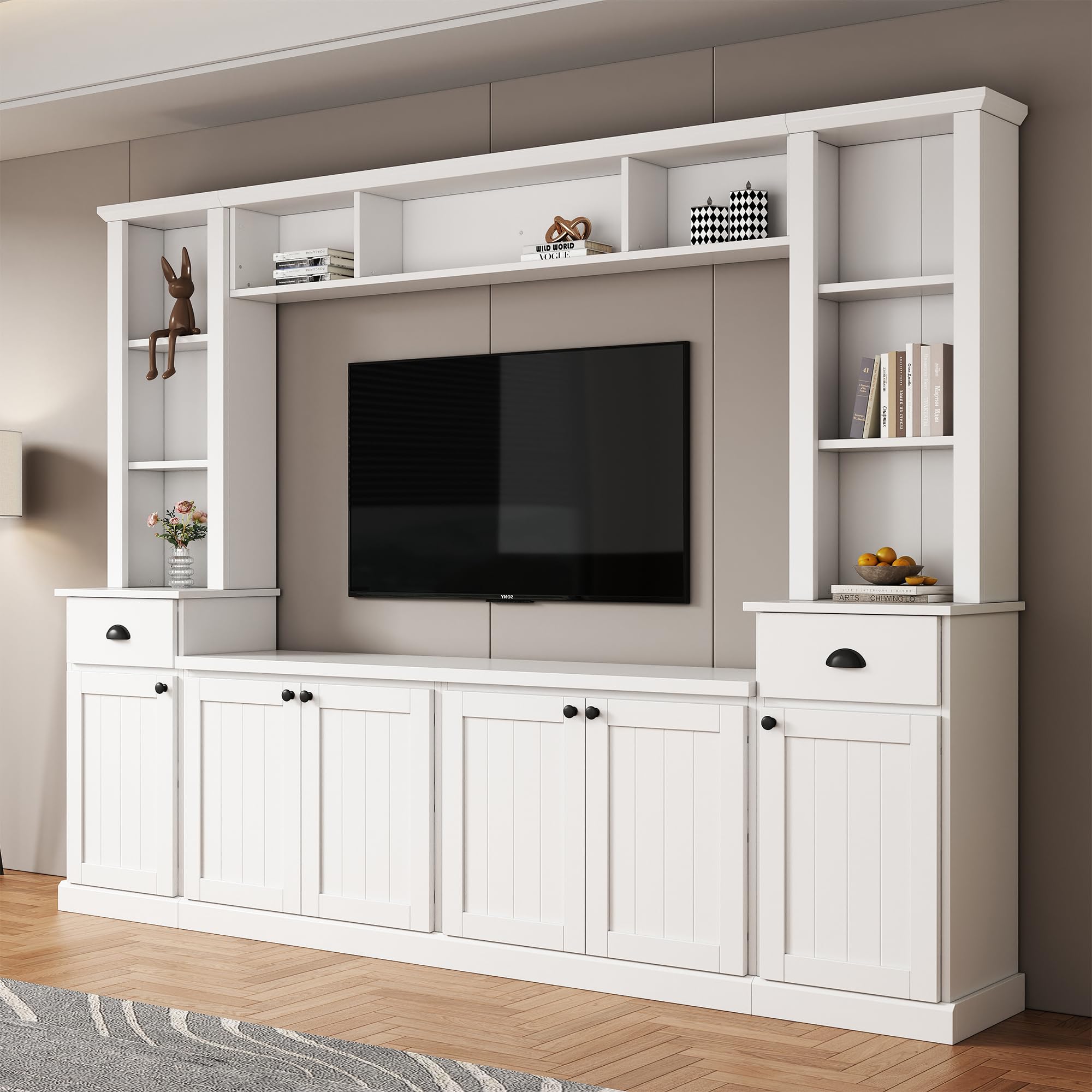 Photo 1 of *** PARTIAL SET MISSING BOX 3 OF 3 *** **** ONLY CONTAINS BOXES 1 &2 ***** Merax Modern TV Stand Set w/Adjustable Bridge, Storage Media Console & Wall Units - Minimalist Entertainment Center for Living Room, White