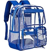 Vorspack Clear Backpack for School, Large Clear Bookbag for Boys, Blue | Heavy Duty Transparent Backpacks, 9 Pockets, Reinforced Straps, Padded Bottom, Fit 15.6'' Laptop, Clear Bag for Work Travel