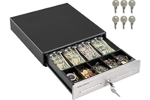 Volcora 13" Cash Register Drawer for Point of Sale (POS) System, 4 Bill 5 Coin Cash Tray, Black and Stainless Steel Front Cash Drawers, Removable Coin Compartment, 24V, RJ11/RJ12 Key-Lock, Media Slot