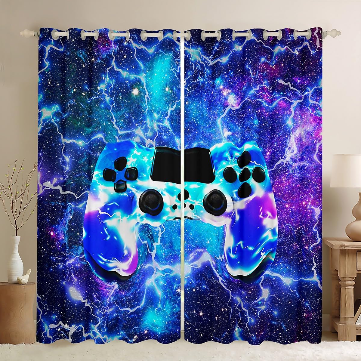 Loussiesd Gaming Thermal Insulated Window Drapes Galaxy Gamepad Room Darkening Curtain for Kids Boys Teens Gamer Curtains for Bedroom Video Game Controller Window Treatment Blue W46*L54