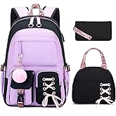 ACESAK Backpacks for Girls, Girls Backpack with Lunch Box and Pencil Case for Teen Kids Elementary Middle High School College Student, Children School Backpack Bookbag with USB Charging Port (Purple)