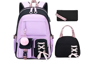 ACESAK Backpacks for Girls, Girls Backpack with Lunch Box and Pencil Case for Teen Kids Elementary Middle High School College Student, Children School Backpack Bookbag with USB Charging Port (Purple)